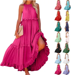 Women's Beach Vacation Clothes Summer Casual Loose Trendy Sleeveless Solid Color Flowy Maxi Sun Dress Plus Size, S-2XL