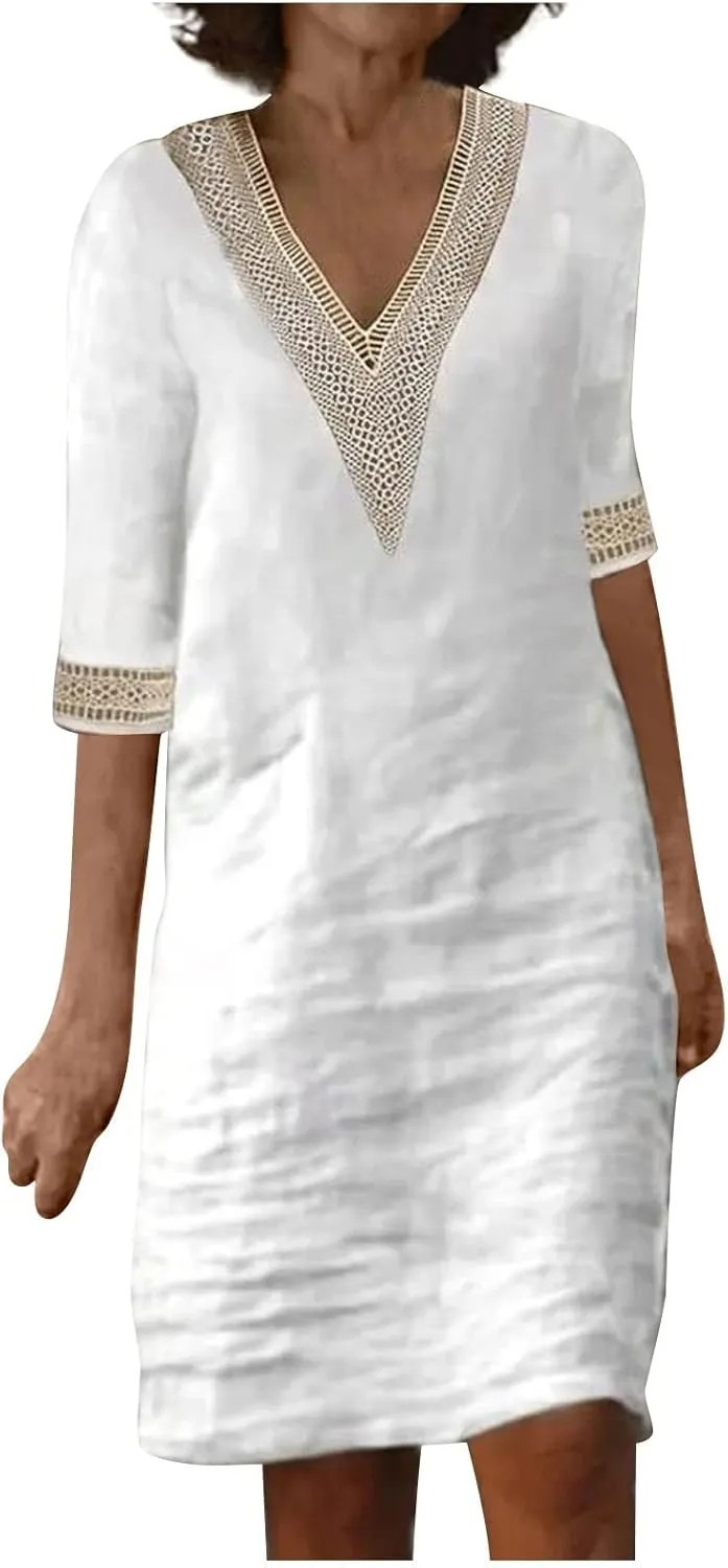 Women's Casual Dresses Summer Loose Trendy Short Sleeve V-Neck Solid Color Lace Beach Vacation Dress, S-3XL