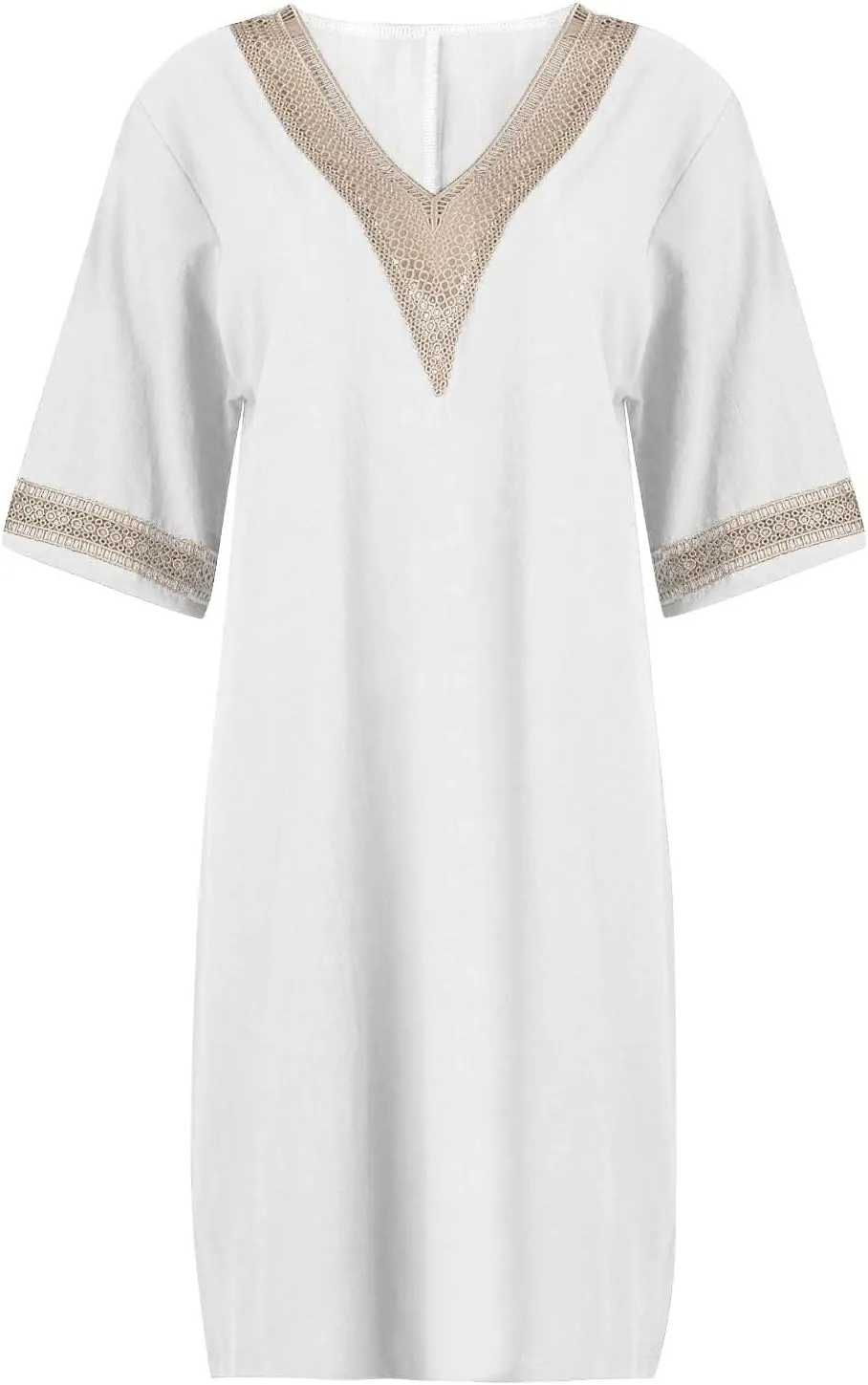 Women's Casual Dresses Summer Loose Trendy Short Sleeve V-Neck Solid Color Lace Beach Vacation Dress, S-3XL