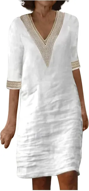 Women's Casual Dresses Summer Loose Trendy Short Sleeve V-Neck Solid Color Lace Beach Vacation Dress, S-3XL