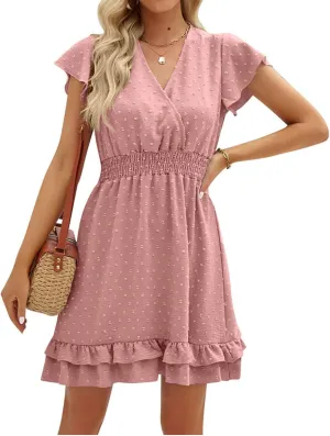 Womens Casual Summer Mini Dress V Neck Short Sleeve Swiss Dot Ruffle Dresses Flowy Swing Vacation Beach Sundress