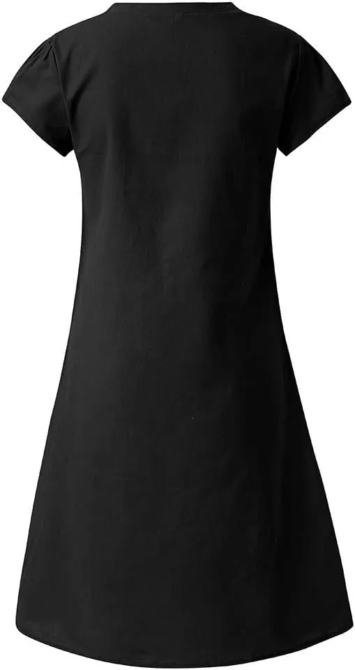 Womens Cotton Linen Midi Dress Summer Solid Color Short Sleeve V-Neck T-Shirt Dresses Plus Size Flowy Comfy Beach Clothes