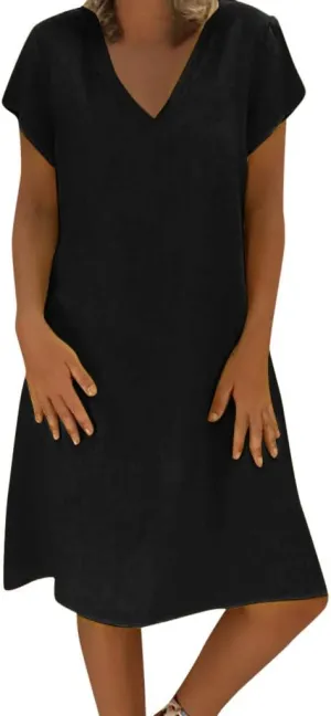 Womens Cotton Linen Midi Dress Summer Solid Color Short Sleeve V-Neck T-Shirt Dresses Plus Size Flowy Comfy Beach Clothes