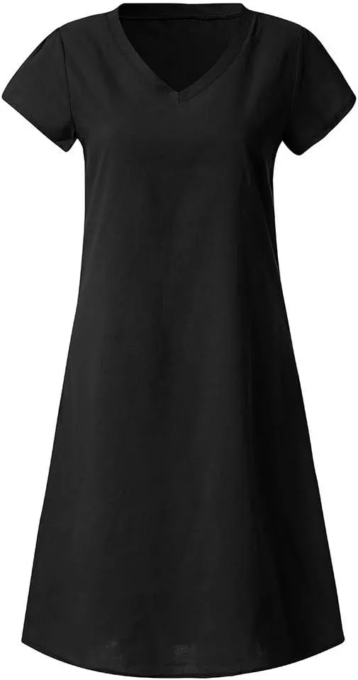 Womens Cotton Linen Midi Dress Summer Solid Color Short Sleeve V-Neck T-Shirt Dresses Plus Size Flowy Comfy Beach Clothes