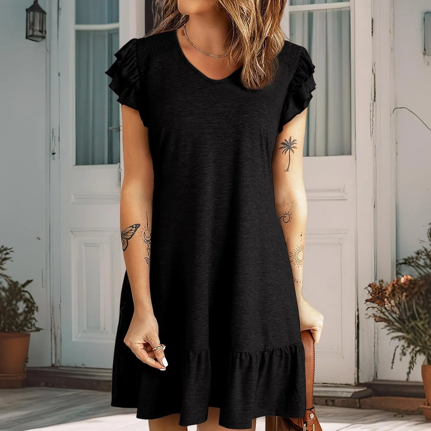 Womens Dresses 2025 Ruffle Cap Sleeve V-Neck Flowy Swing Mini Dress Summer Casual High Waist A Line Sundress for Beach