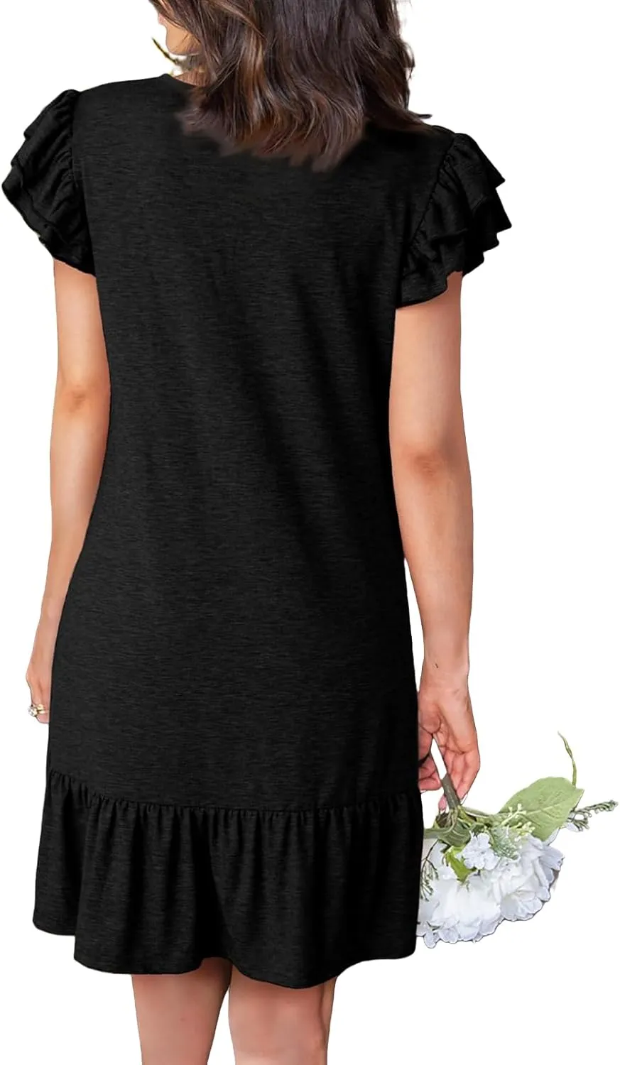 Womens Dresses 2025 Ruffle Cap Sleeve V-Neck Flowy Swing Mini Dress Summer Casual High Waist A Line Sundress for Beach