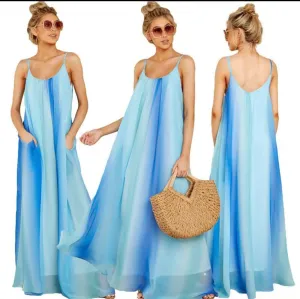 Women's Gradient Chiffon Spaghetti Strap Maxi Dress with pockets