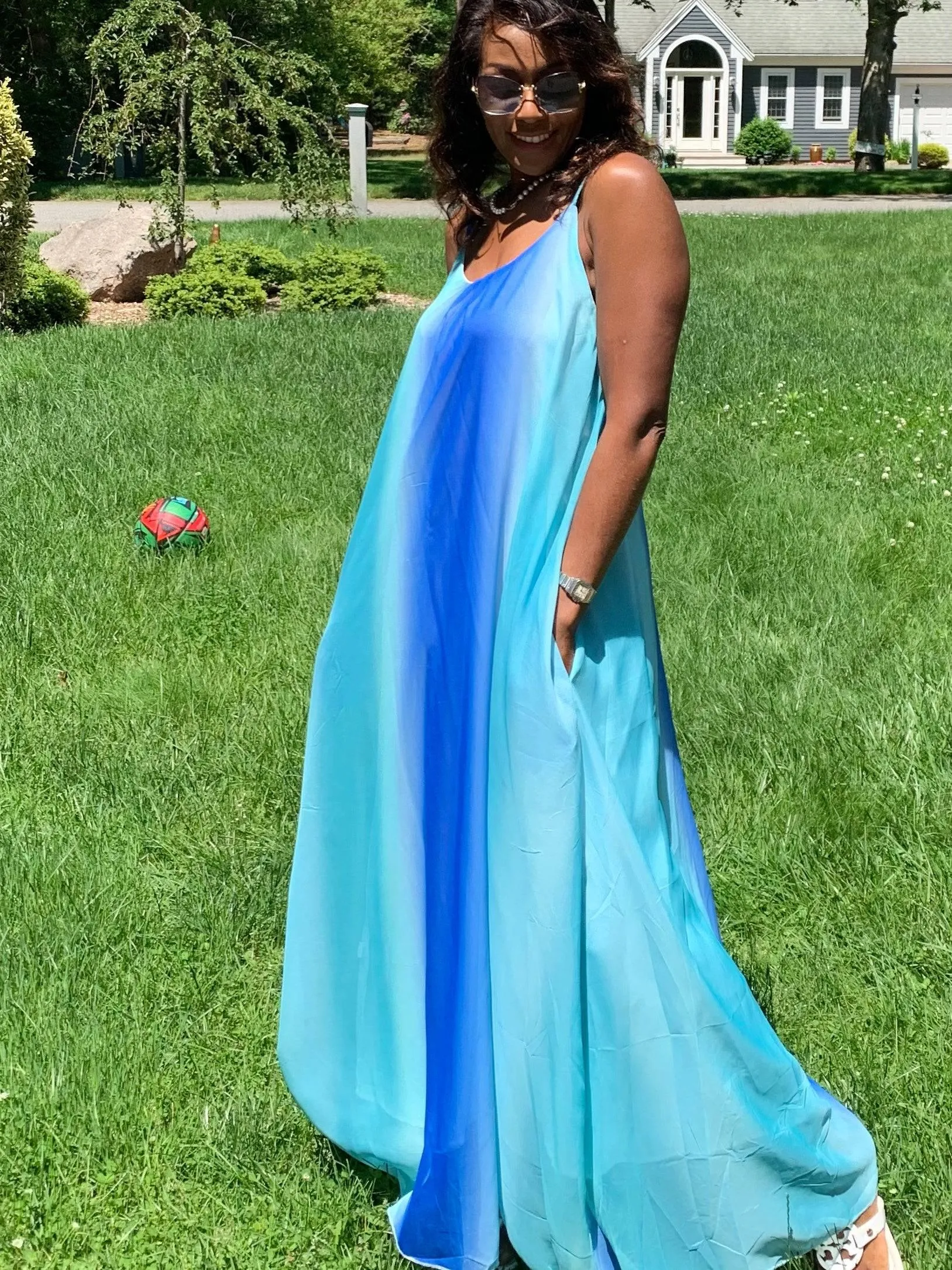 Women's Gradient Chiffon Spaghetti Strap Maxi Dress with pockets