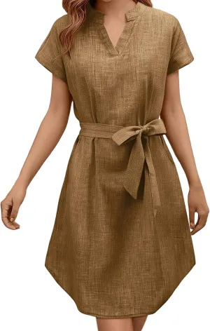 Womens Shirt Dress Summer Cotton Linen Dress V-Neck Belted Mini Short Dress Casual Short Sleeve Loose Tunic Dresses