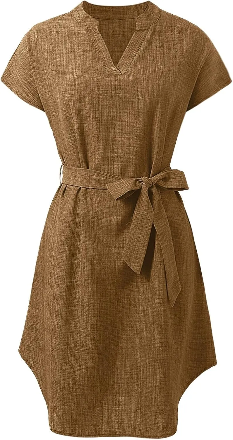 Womens Shirt Dress Summer Cotton Linen Dress V-Neck Belted Mini Short Dress Casual Short Sleeve Loose Tunic Dresses