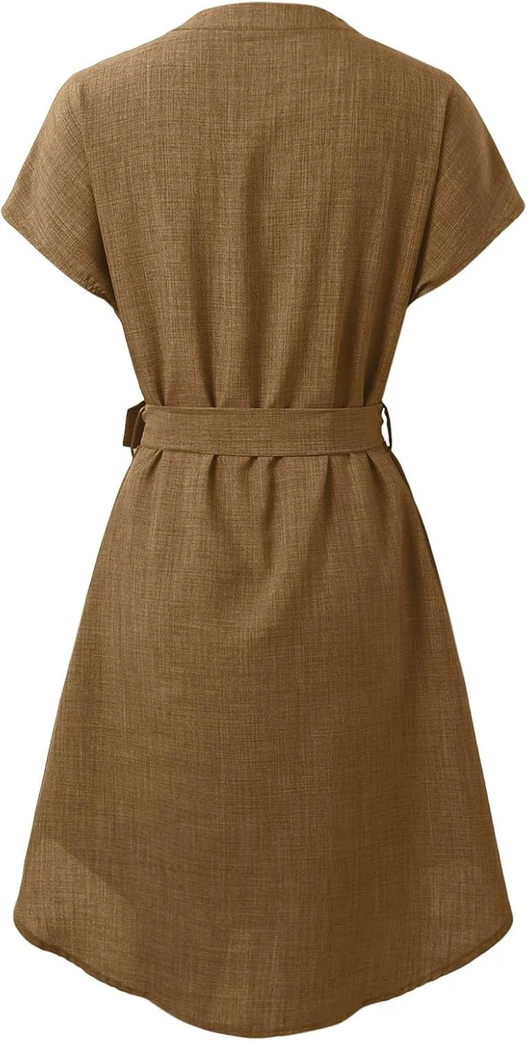 Womens Shirt Dress Summer Cotton Linen Dress V-Neck Belted Mini Short Dress Casual Short Sleeve Loose Tunic Dresses