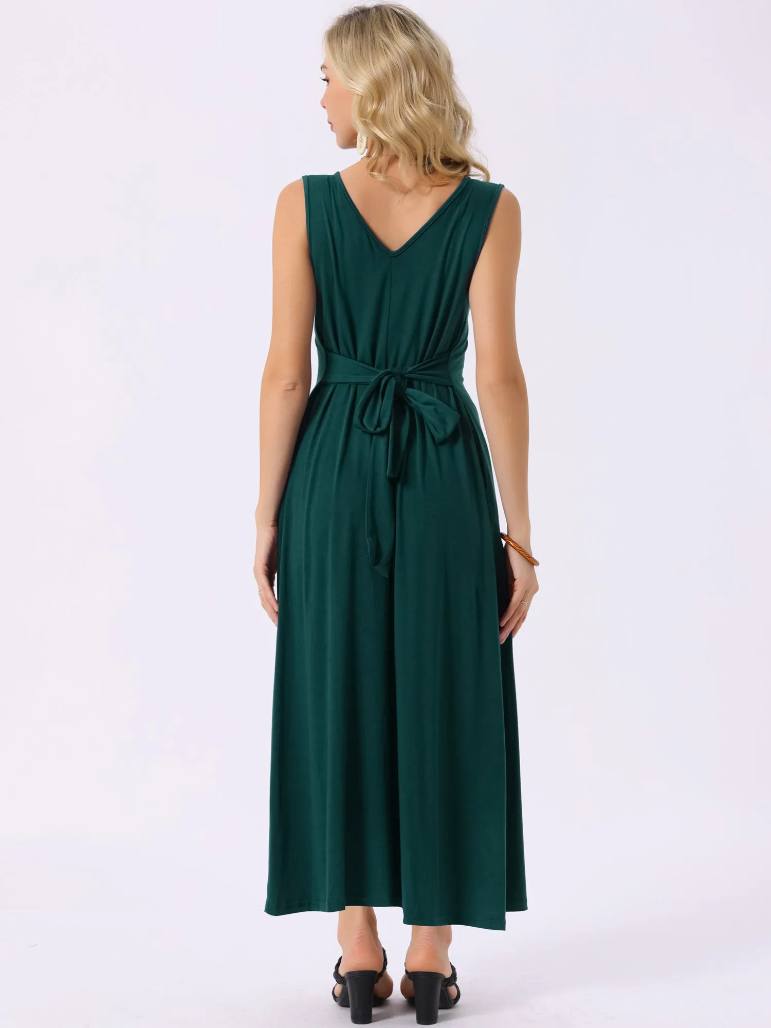 Women's Sleeveless Dresses Tie-Waist Knit Beach Tank Casual Maxi Dress with Pockets
