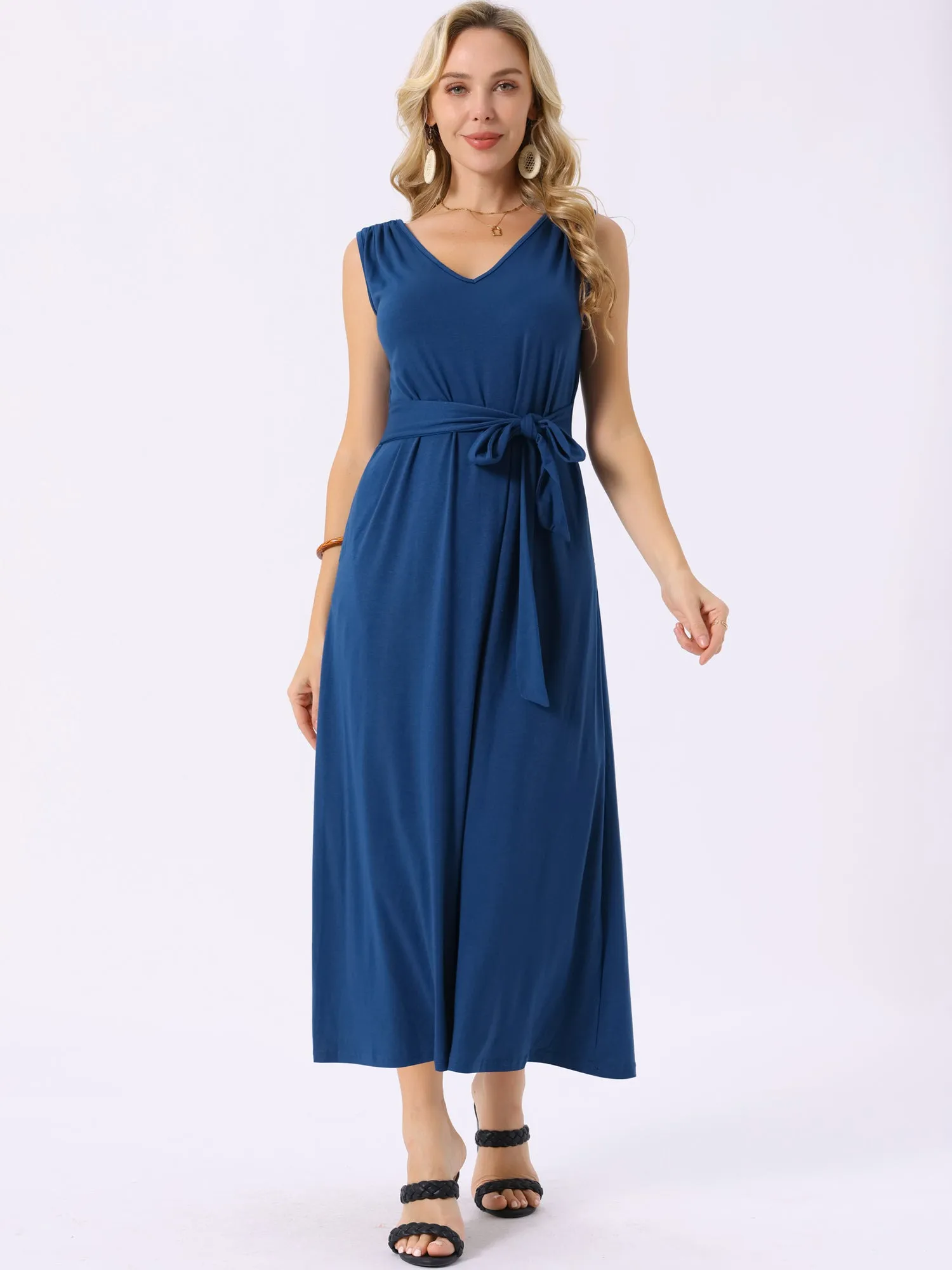 Women's Sleeveless Dresses Tie-Waist Knit Beach Tank Casual Maxi Dress with Pockets