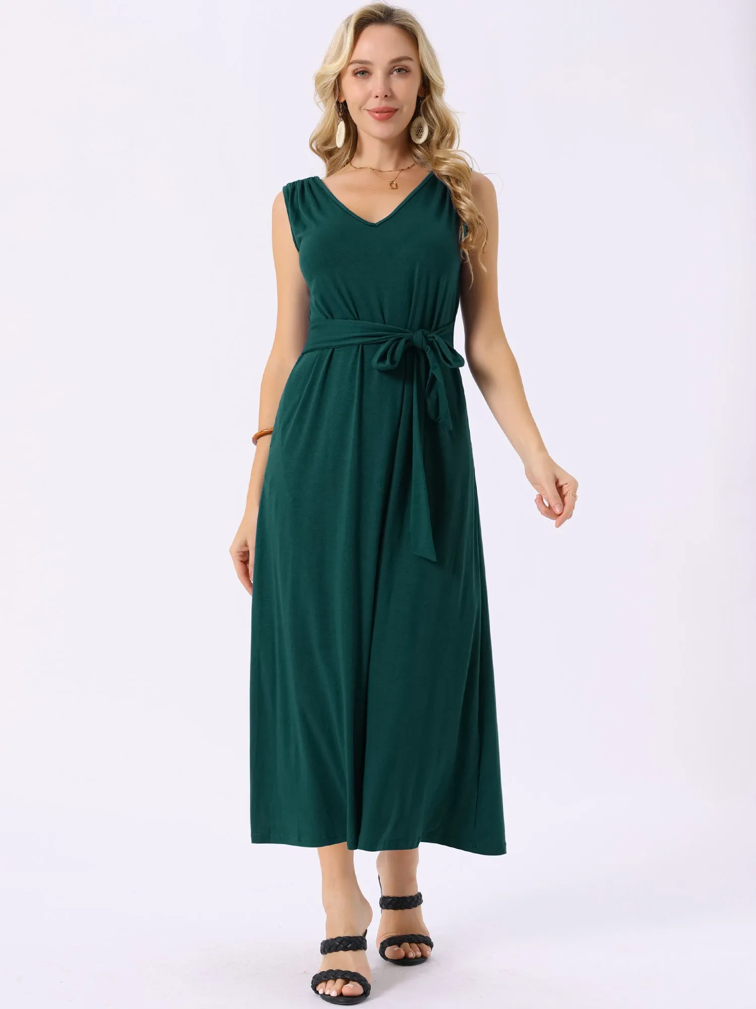 Women's Sleeveless Dresses Tie-Waist Knit Beach Tank Casual Maxi Dress with Pockets