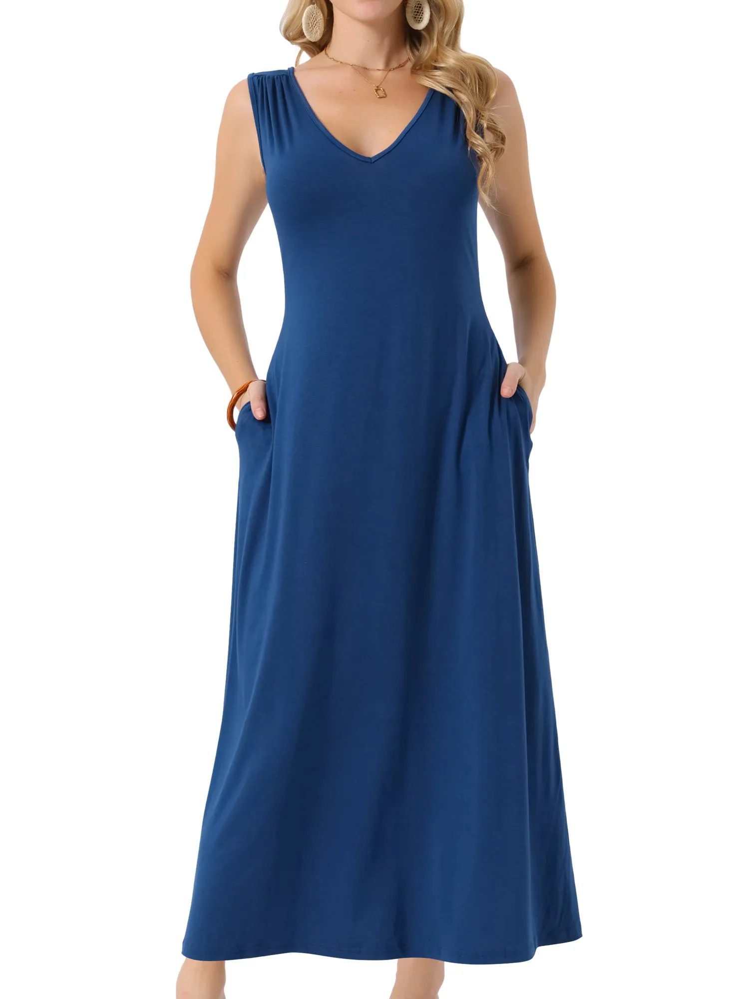 Women's Sleeveless Dresses Tie-Waist Knit Beach Tank Casual Maxi Dress with Pockets