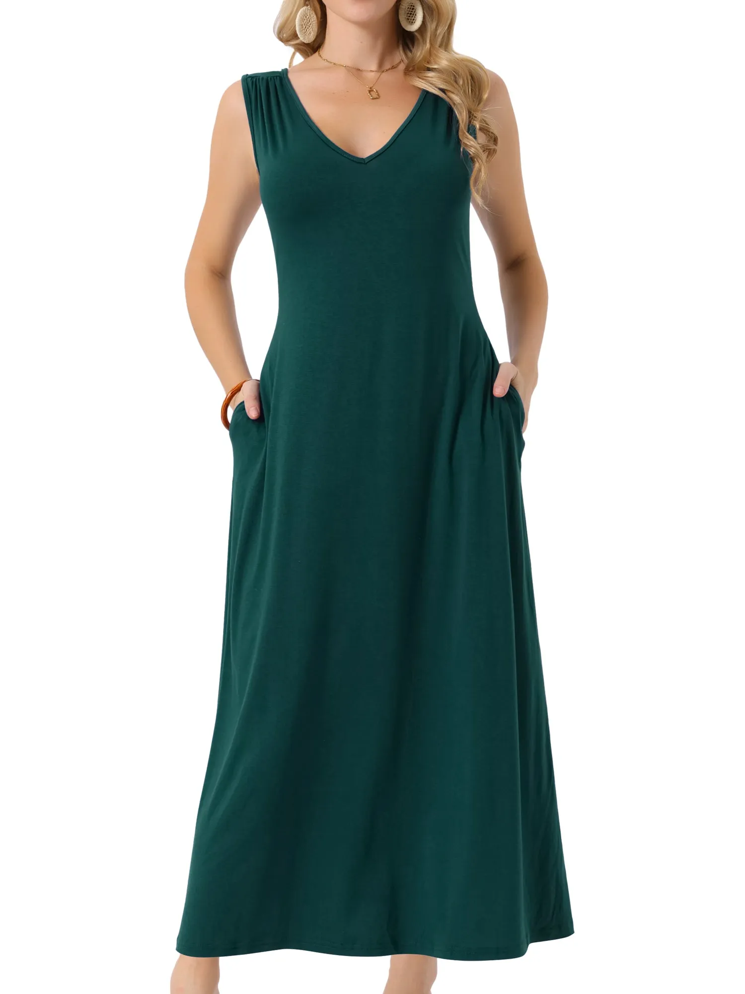 Women's Sleeveless Dresses Tie-Waist Knit Beach Tank Casual Maxi Dress with Pockets