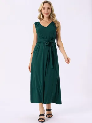 Women's Sleeveless Dresses Tie-Waist Knit Beach Tank Casual Maxi Dress with Pockets