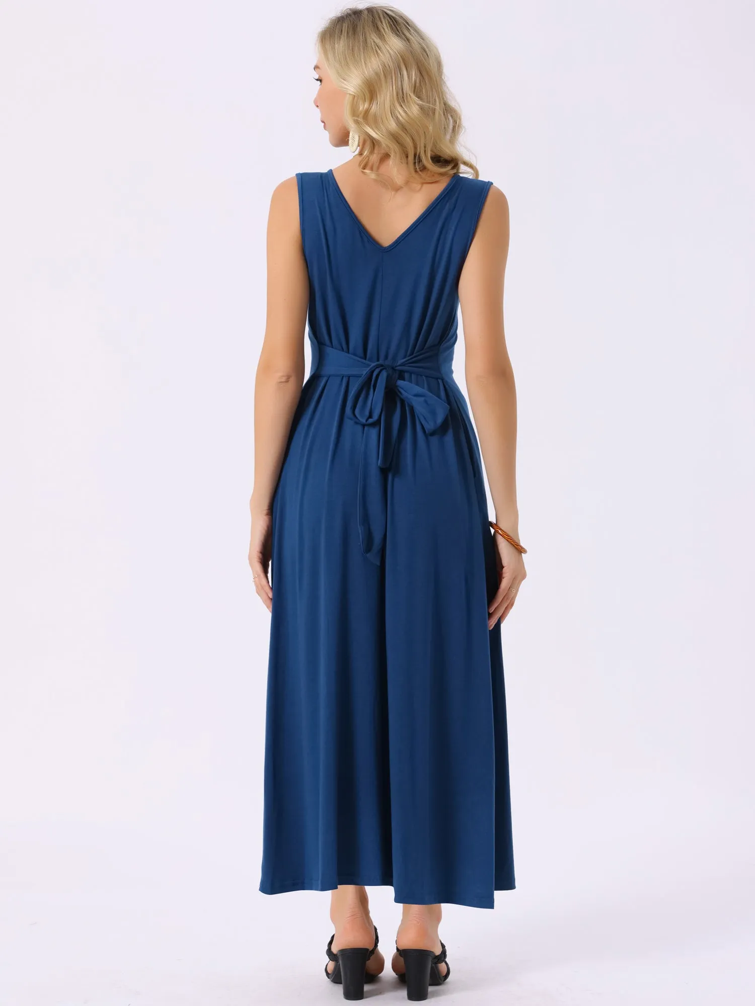 Women's Sleeveless Dresses Tie-Waist Knit Beach Tank Casual Maxi Dress with Pockets