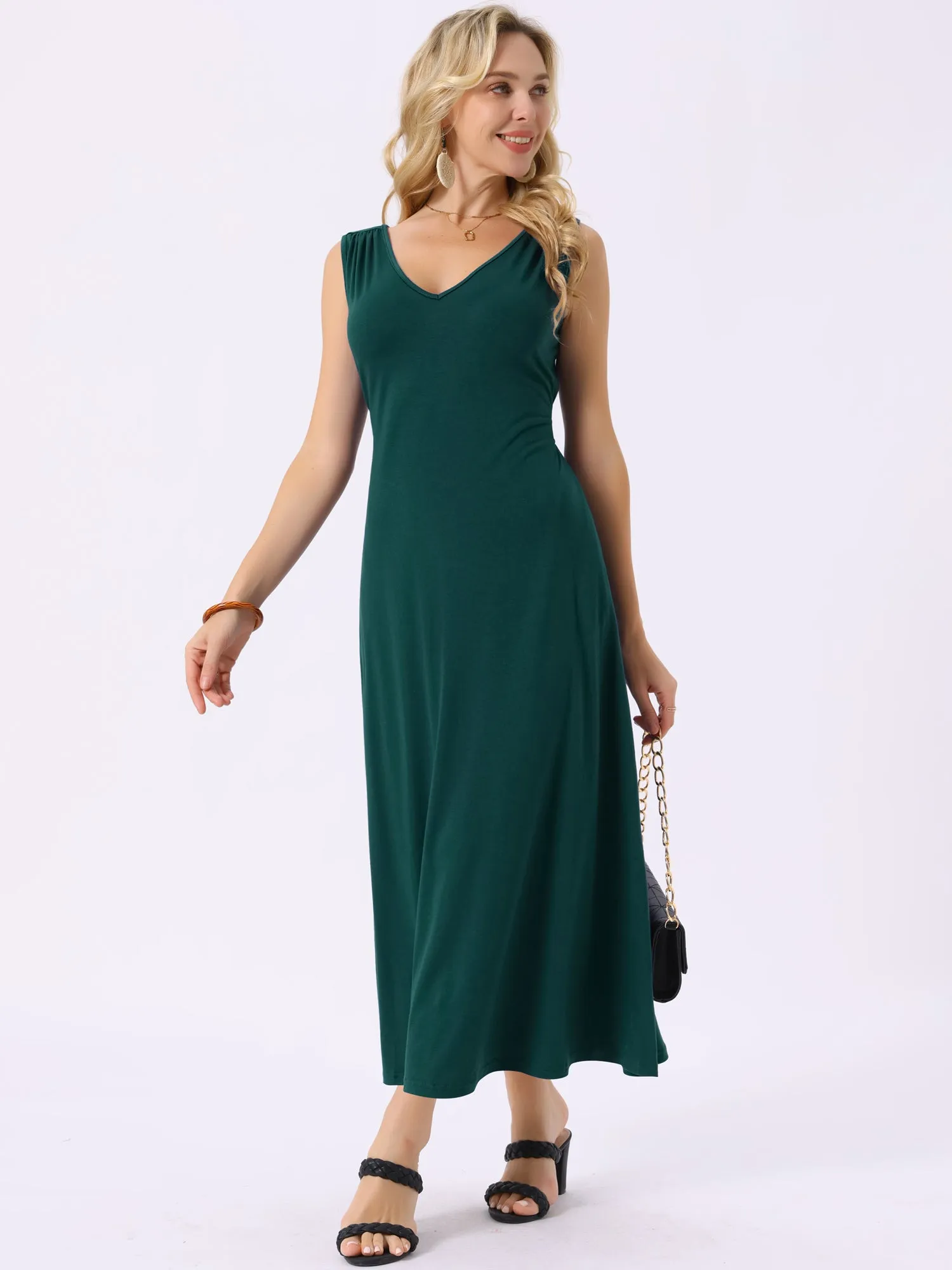Women's Sleeveless Dresses Tie-Waist Knit Beach Tank Casual Maxi Dress with Pockets