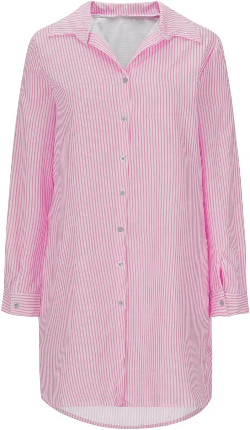 Womens Striped Button Down Midi Shirt Dress 2024 Fall Long Sleeve T Shirt Dress Fashion Casual Loose Travel Outfits