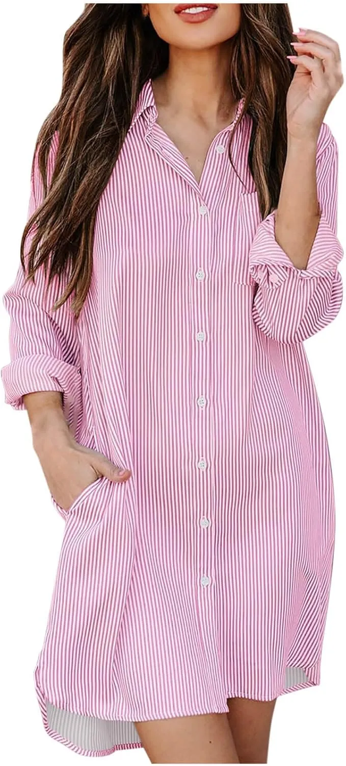 Womens Striped Button Down Midi Shirt Dress 2024 Fall Long Sleeve T Shirt Dress Fashion Casual Loose Travel Outfits