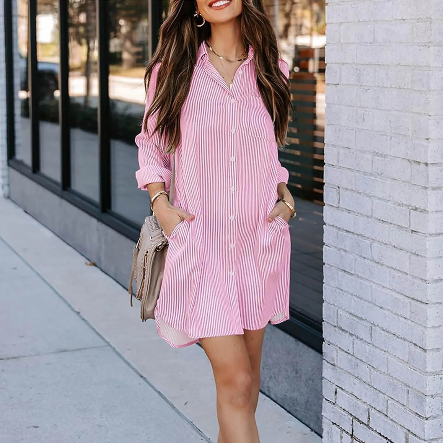 Womens Striped Button Down Midi Shirt Dress 2024 Fall Long Sleeve T Shirt Dress Fashion Casual Loose Travel Outfits