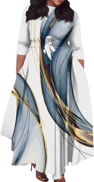 Women's Summer Casual Loose Trendy Crew Neck 3/4 Sleeve Solid Floral Print Maxi Dresses 2025 Plus Size, XL-5XL
