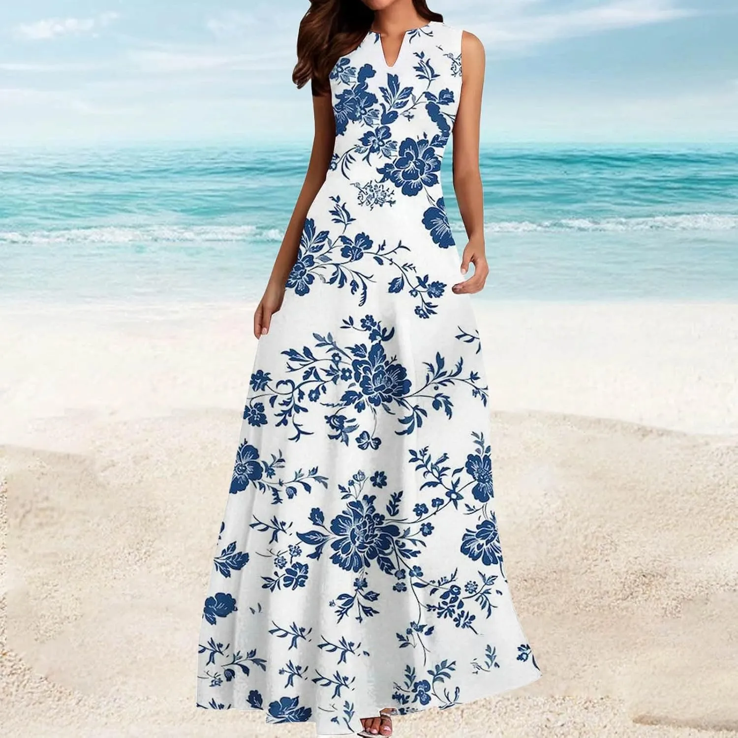 Women's Summer Dress Sleeveless V Neck Long Sun Skirt 2025 Fashion Floral Printed Flowy Maxi Dresses Spring Dresses