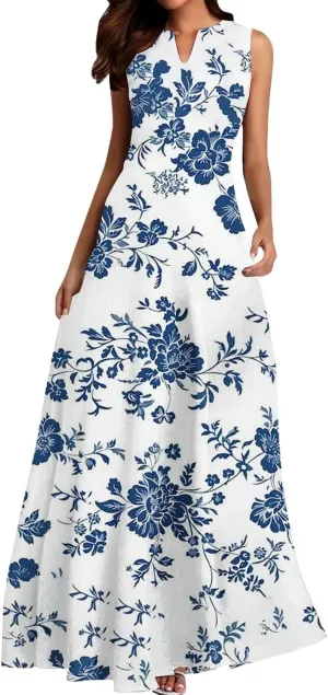 Women's Summer Dress Sleeveless V Neck Long Sun Skirt 2025 Fashion Floral Printed Flowy Maxi Dresses Spring Dresses