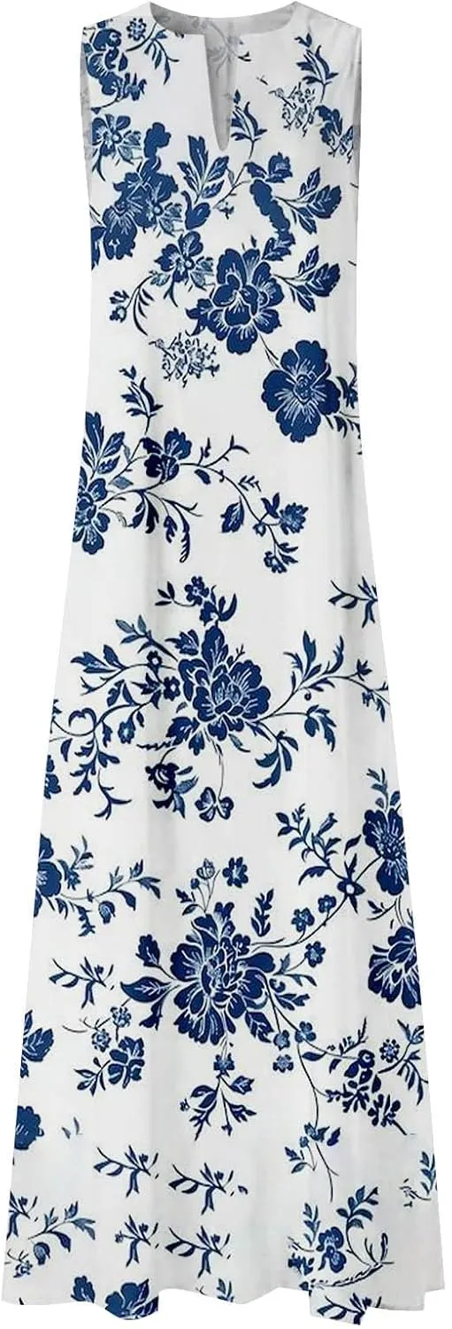 Women's Summer Dress Sleeveless V Neck Long Sun Skirt 2025 Fashion Floral Printed Flowy Maxi Dresses Spring Dresses