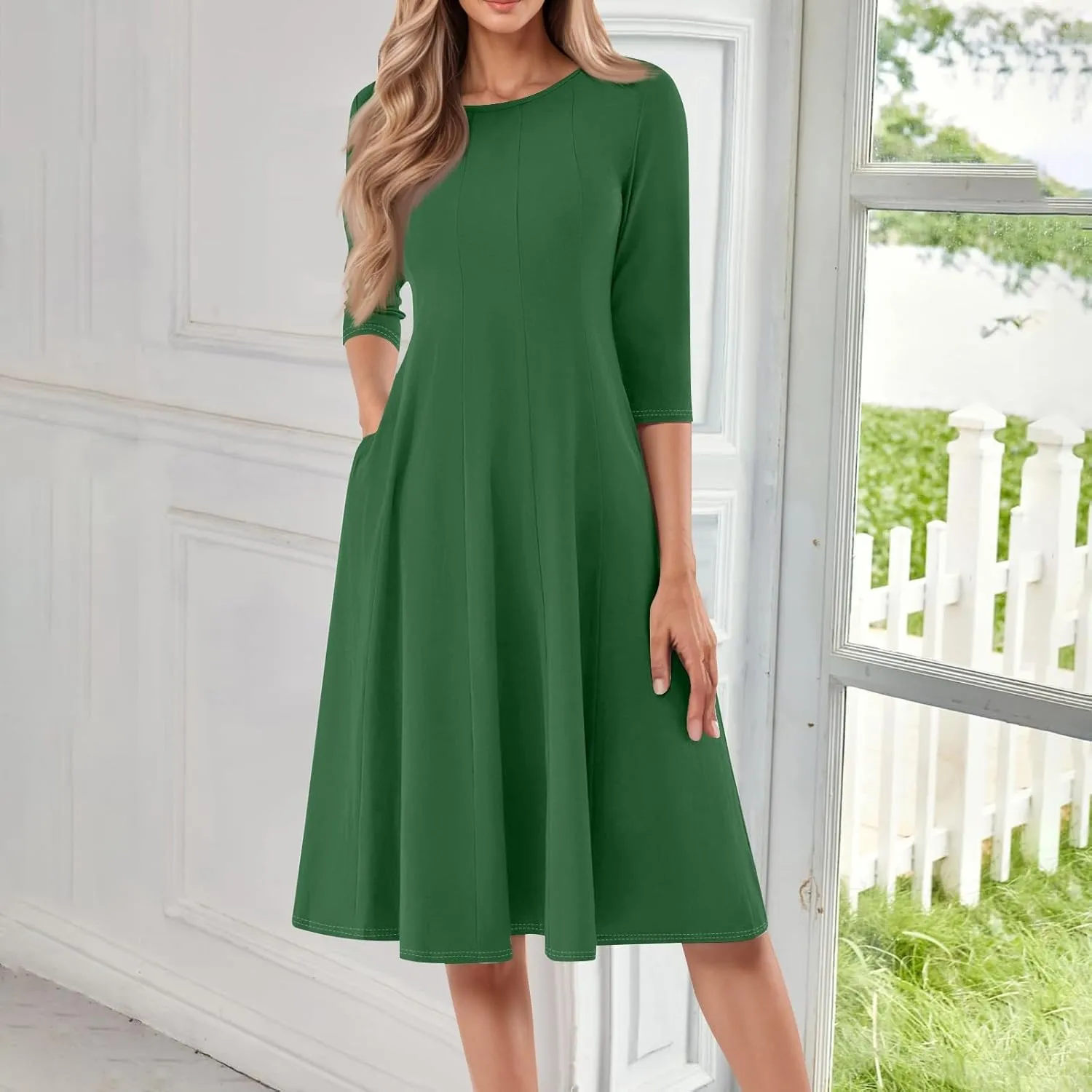 Women's Summer Dresses 2025 Casual Loose Trendy Crew Neck 3/4 Sleeve Solid Midi Dress Plus Size, S-3XL