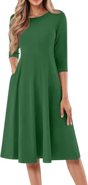 Women's Summer Dresses 2025 Casual Loose Trendy Crew Neck 3/4 Sleeve Solid Midi Dress Plus Size, S-3XL