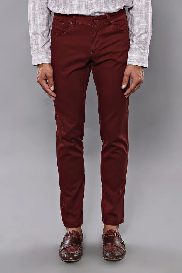 WSS Slim Fit Plain 5 Pockets Burgundy Men Pants  - Singen