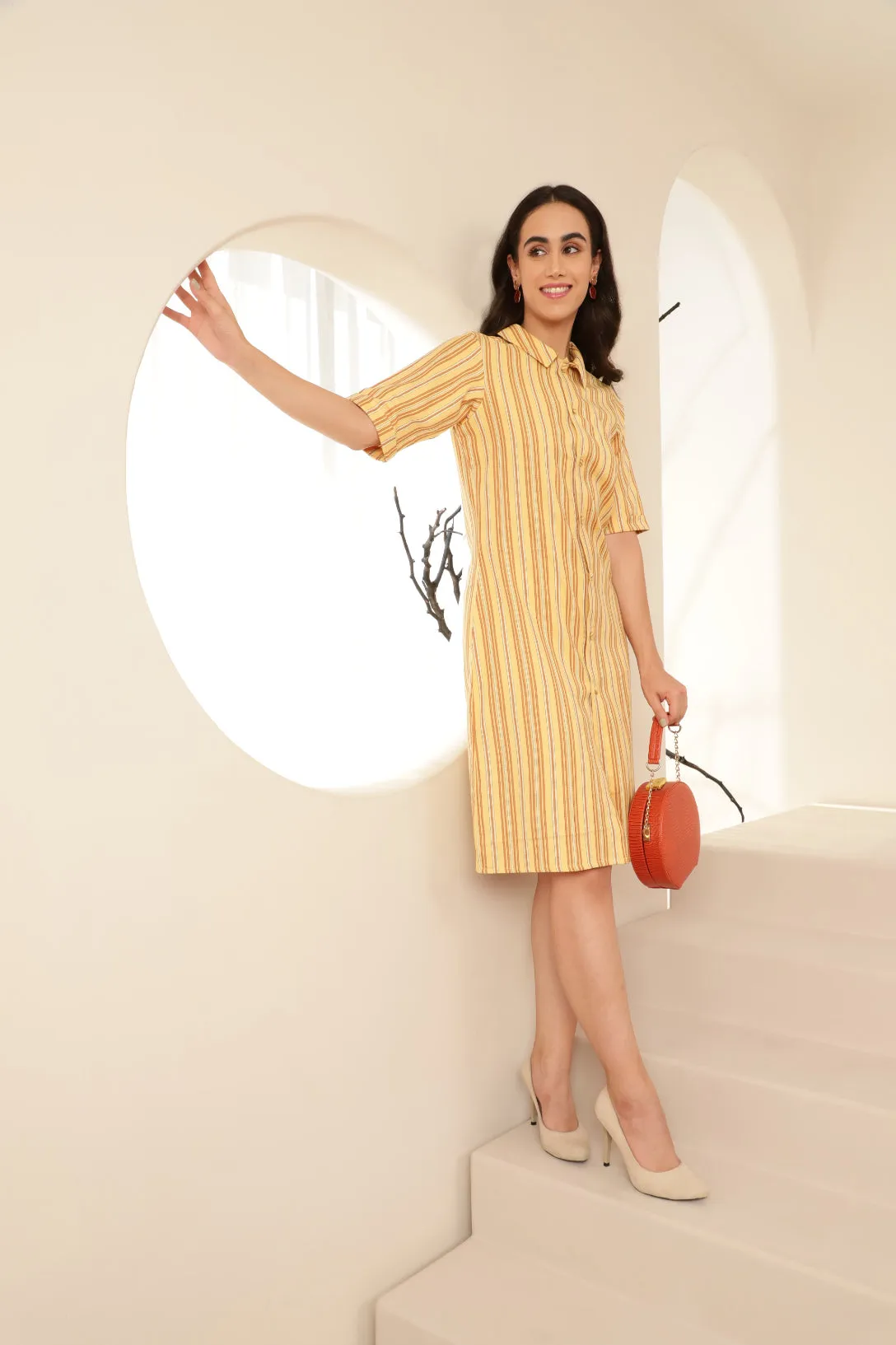 Yellow Striped Shirt Dress